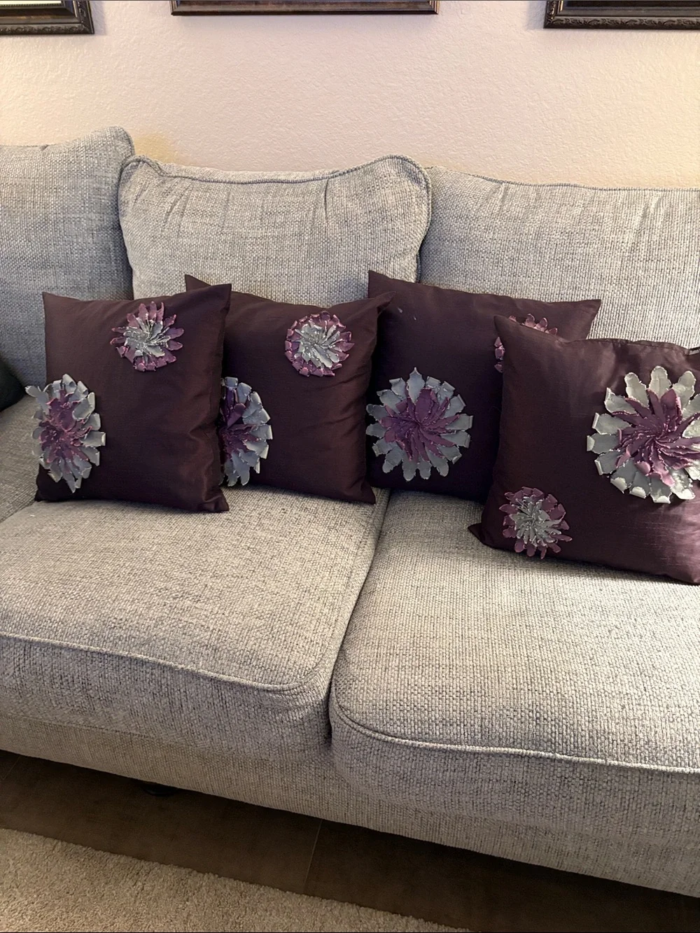 Plum Decorative Throw Pillow with Embroidered Floral Appliqué - Set of 4